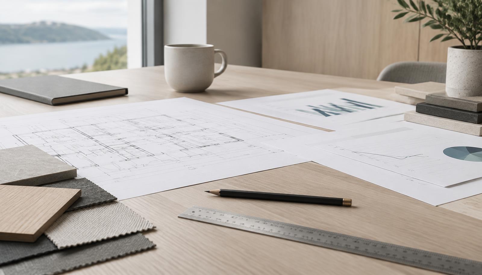 Strategiska underlag och materialprover på ett tomt skrivbord